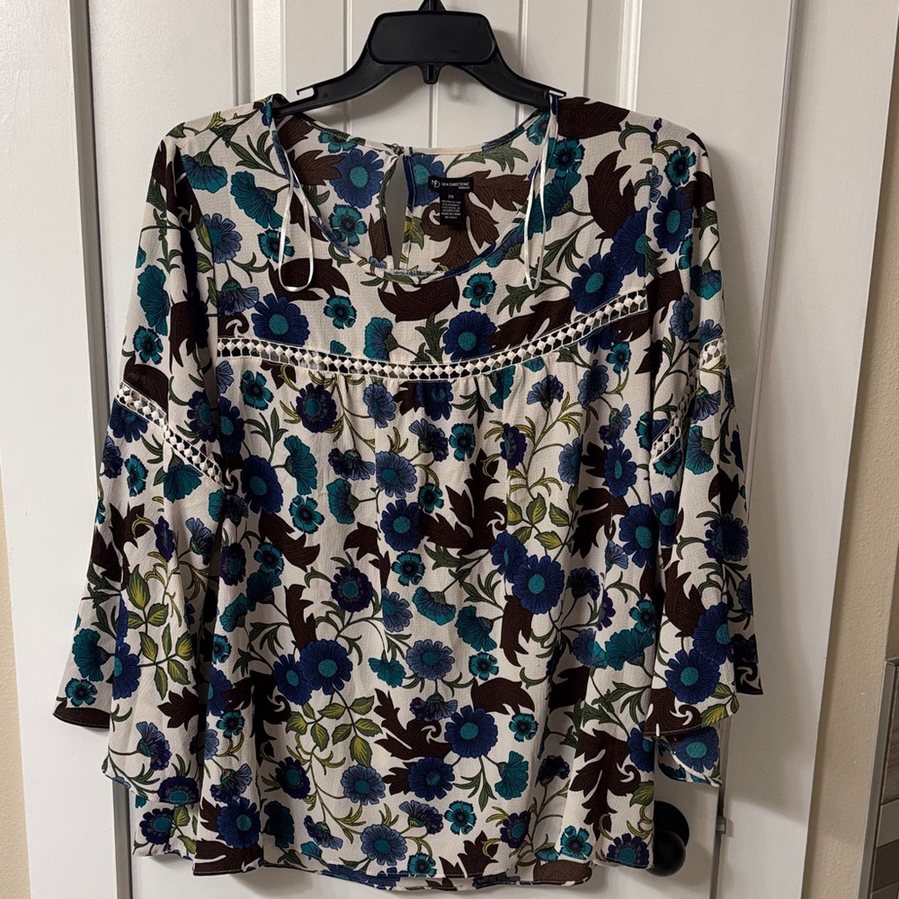 New Directions Floral Blouse in Blue and Brown